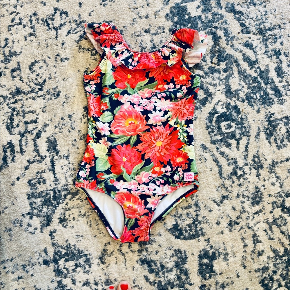 Ruffle Butts Red and Pink One Piece Swimsuit Floral Design